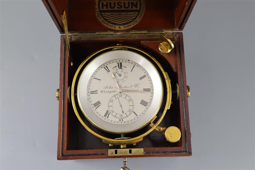 John Morton & Co. of Glasgow. A mahogany cased 2.5 day marine chronometer, case 7.25 x 7.25in. height 8in.